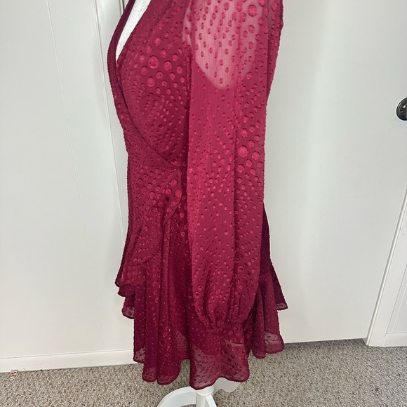 Altar’d State Chic Red Wrap Dress with Ruffled Hem and Bishop Sleeves Size M - Picture 4 of 7